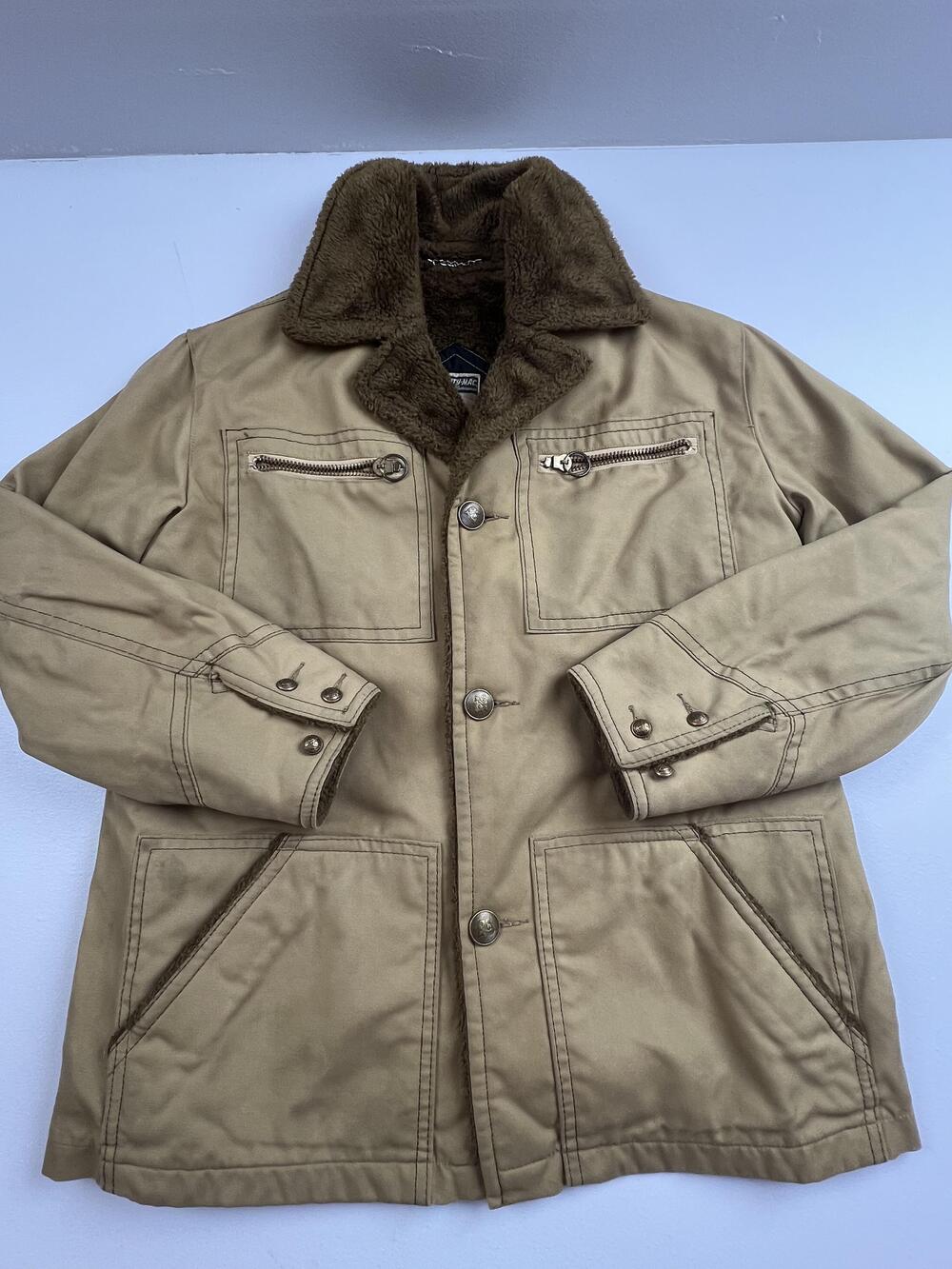 Vintage Mighty Mac Jacket Mens Beige Canvas Faux Fur Lined Outdoor VTG Read